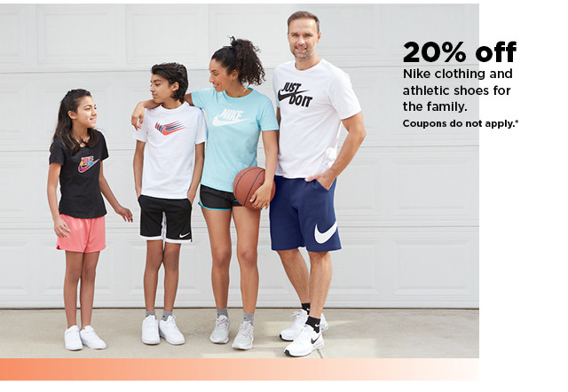 20% off Nike clothing and athletic shoes for the family. shop now.