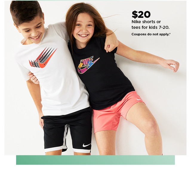 $20 nike shorts and tees for kids 7-20. shop now.