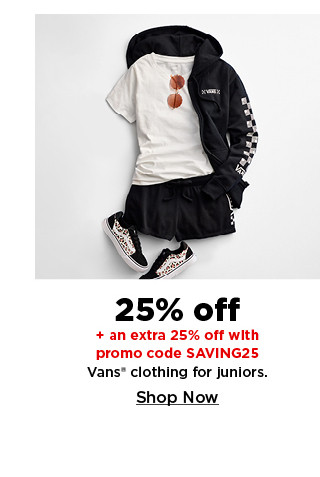 shop 25% off plus an extra 25% off with promo code SAVING25 on Vans clothing for juniors