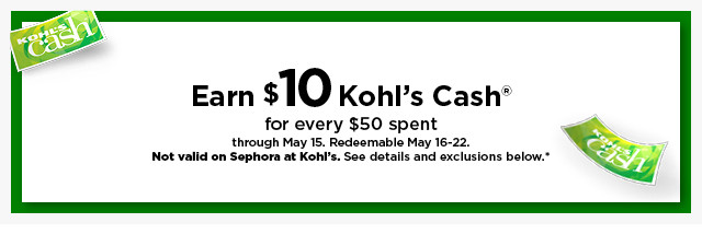 earn $10 kohls cash for every $50 spent. not valid on sephora at kohl's. shop now.