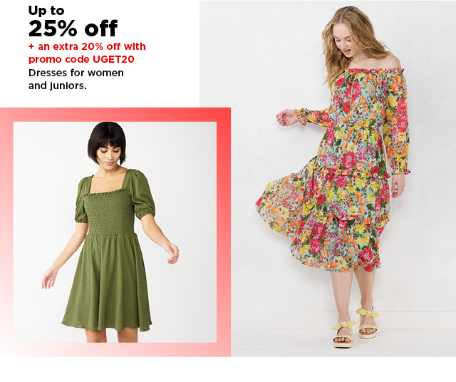 shop up to 25% off plus an extra 20% off with promo code UGET20 dresses for women and juniors