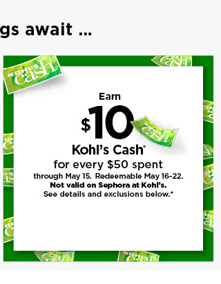 earn $10 kohls cash for every $50 spent. not valid on sephora at kohl's. shop now.