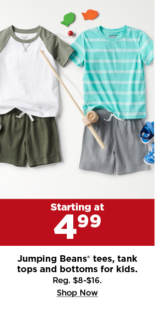 starting at 4.99 jumping beans tees, tank tops and bottoms for kids. shop now.