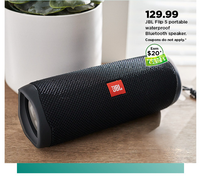 129.99 JBL flip 5 portable waterproof bluetooth speaker. shop now.