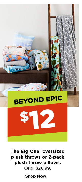 $12 The Big One oversized plush throws or 2-pack plush throw pillows. shop now.