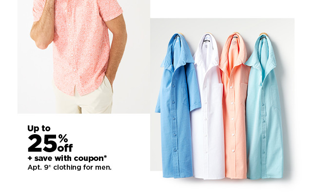 up to 25% off plus save with coupon on Apt. 9 clothing for men.