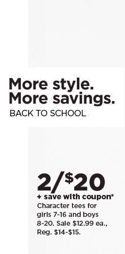 shop 2 for $20 plus save with coupon on charachter tees for girls and boys.