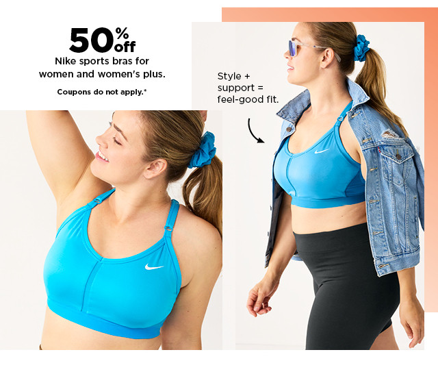 50% off Nike sports bras for women and women's plus. shop now.