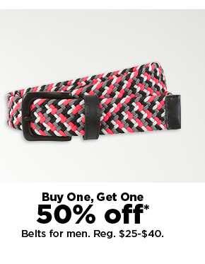 buy one get one 50% off belts for men. shop now.