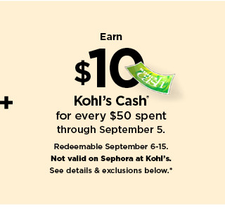 earn $10 kohls cash for every $50 spent.  shop now.