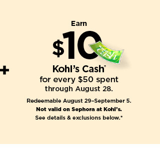 earn $10 kohls cash for every $50 spent. not valid on sephora at kohl's. shop now.