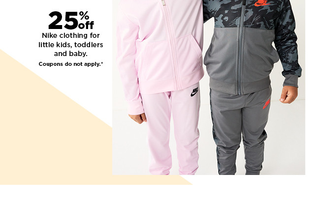 25% off nike clothing for kids, toddlers, and baby. coupons do not apply. shop now. 252 Nike clothing for 4 little kids, toddlers and baby. Coupons do not apply." 
