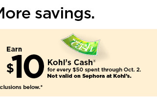 earn $10 kohls cash for every $50 spent. not valid on sephora at kohl's. shop now. lore savings. Kohls Cash* 3 e s clusions below. 