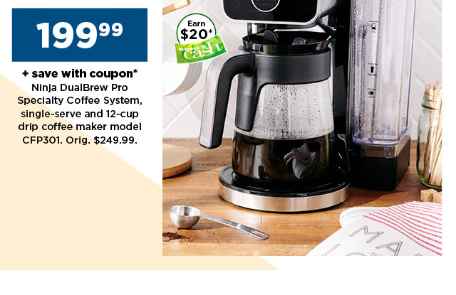 199.99 plus save with coupon Ninja DualBrew Pro Specialty Coffee System, Single-Serve & 12-Cup Drip Coffee Maker, model CFP301. shop now