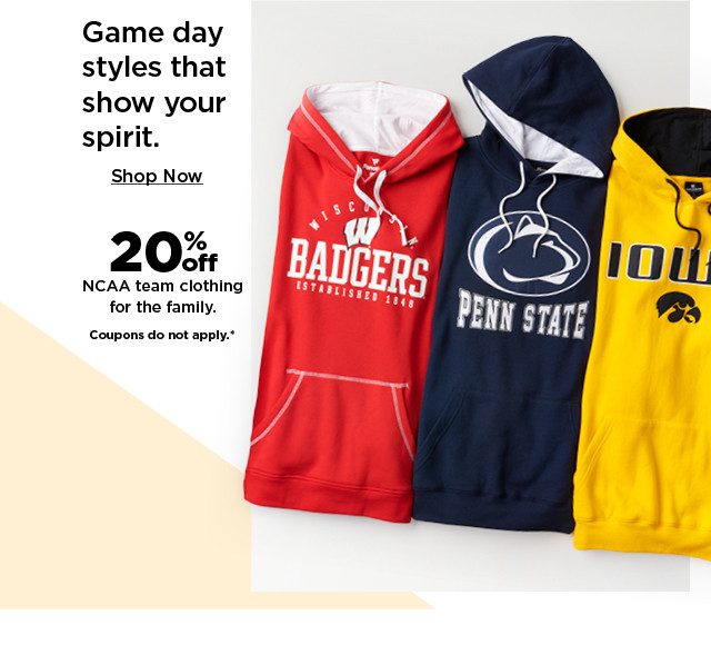 20% off NCAA team clothing for the family. shop now.