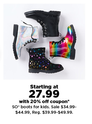 starting at 27.99 with 20% off coupon so boots for kids. shop now.