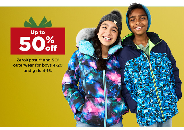 up to 50% off ZeroXposur and SO outerwear for boys 4-20 and girls 4-16. shop now.