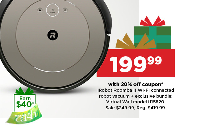 199.99 with 20% off coupon iRobot Roomba i1 Wi-Fi connected robot vacuum plus exclusive bundle: Virtual Wall Model i115820. sale price $249.99. shop now.