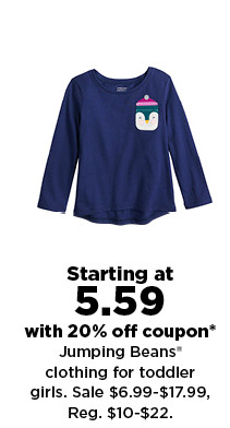 starting at 5.59 with 20% off coupon on jumping clothing for toddler girls.