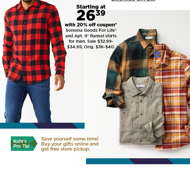 starting at 26.39 with 20% off coupon sonoma goods for life and apt. 9 flannels for men and big and tall. shop now.