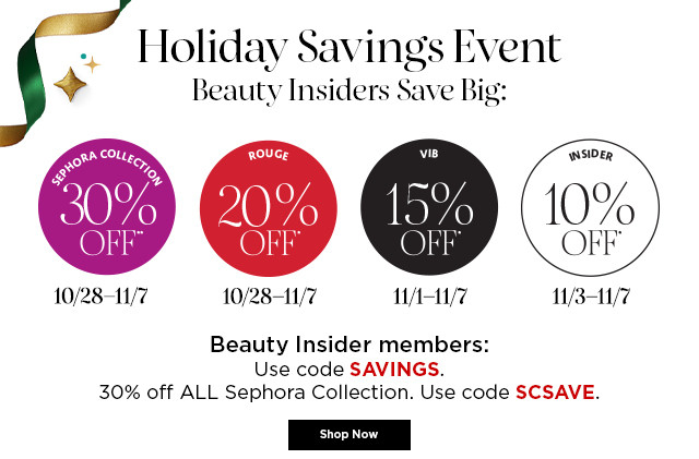 holiday savings event. beauty insiders save big. shop now.