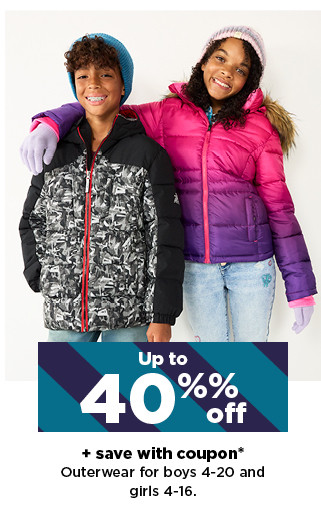 up to 40% off outerwear for boys 4 to 20 and girls 4 to 16. shop now.