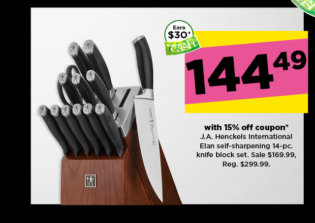 144.49 with 15% off coupon j.a. henckles international elan self-sharpening 14 pic knife block set. sale 169.99.