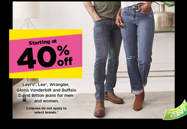 starting at 40% off levi's, lee, wrangler, gloria vanderbilt and buffa lo david bitton jeans for men and women. shop now.