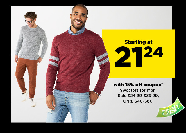 starting at 21.24 with 15% off coupon sweaters for men. shop now.