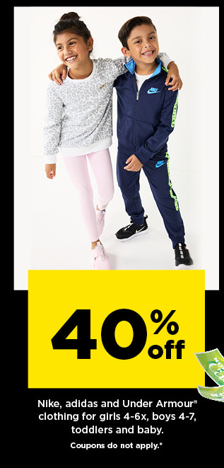 40% off nike, adidas, and under armour clothing for kids. coupons do not apply. shop now.