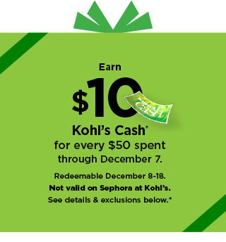 earn $10 kohls cash for every $50 spent. not valid on sephora at kohl's. shop now.