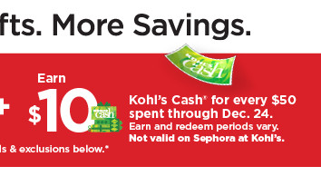 earn $10 kohls cash for every $50 spent. not valid on sephora at kohl's. shop now.