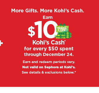 More Gifts. More Kohls Cash. 1 $10 o LCHIeE for every $50 spent through December 24. TP R L TR e e 