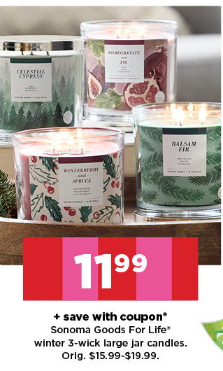 11.99 plus save with coupon on sonoma goods for life 3-wick large jar candles. shop now.