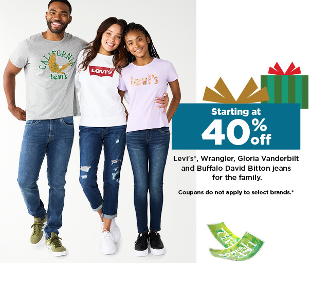 starting at 40% off levis, lee, wrangler, gloria vanderbilt and buffalo david bitton jeans for the family. shop now.