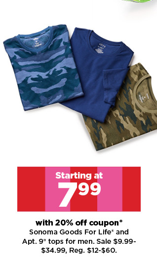 starting at 7.99 with 20% off coupon sonoma goods for life and apt. 9 tops for men. shop now.