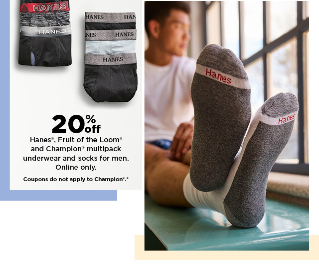 20% off hanes, fruit of the loom and champion underwear and socks for men. shop now.