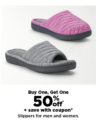 buy one, get one 50% off plus save with coupon on slippers for men and women.