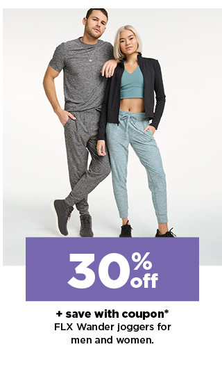 30% off plus save with coupon on FLX wander joggers for men and women.