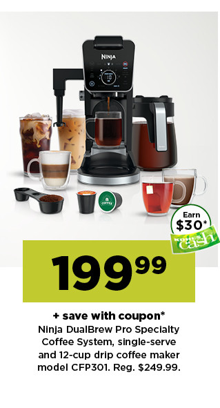 199.99 plus save with coupon ninja dualbrew pro specialty coffee system single serve and 12-cup drip coffee maker model CFP301. shop now.