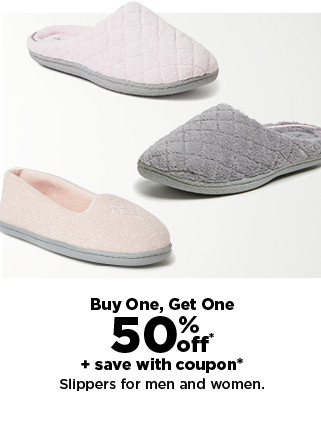 buy one, get one 50% off on slippers for men and women.