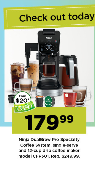 179.99 ninja dualbrew pro specialty coffee system single serve and 12-cup drip coffee maker model CFP301. shop now.