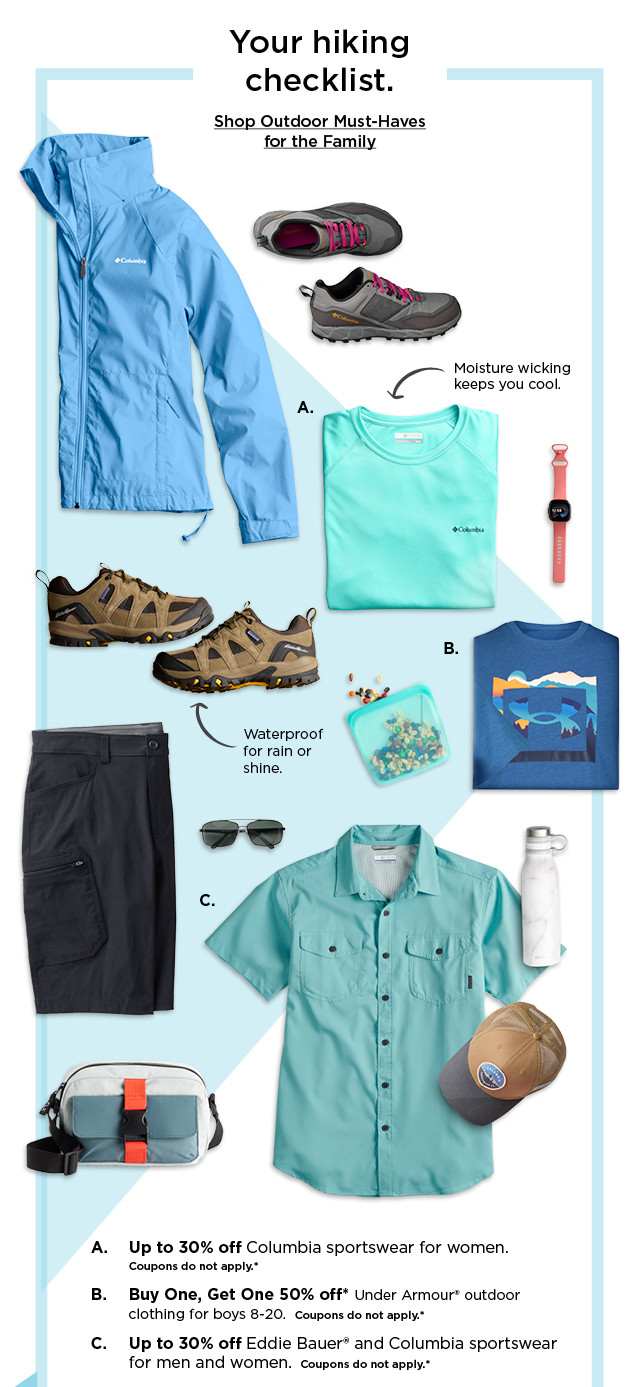 your hiking checklist. shop outdoor must-haves for the family.