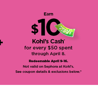 earn $10 kohls cash for every $50 spent. not valid on sephora at kohl's. shop now.