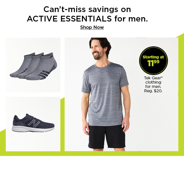 can't miss savings on active essentials for men. starting at 11.99 tek gear clothing for men. shop now.