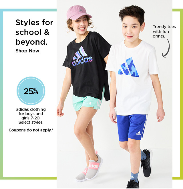 styles for school and beyond. 25% off adidas clothing for boys and girls. select styles. coupons do not apply. shop now.