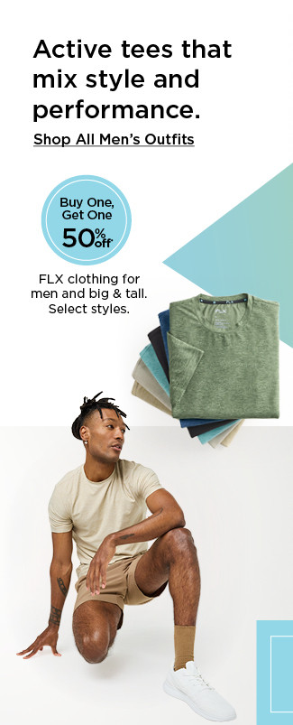 active tees that mix style and performance. buy one get one 50% off FLX clothing for men and big and tall. select styles. shop all men's outfits.