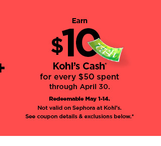 earn $10 kohls cash for every $50 spent. not valid on sephora at kohl's. shop now.