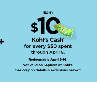 earn $10 kohls cash for every $50 spent. not valid on sephora at kohl's. shop now.