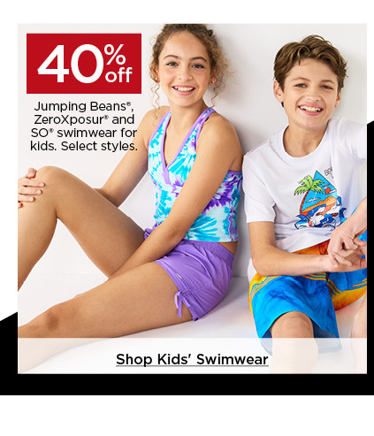 40% off jumping beans, zeroxposur and so swimwear for kids. select styles. shop all kids' swimwear.